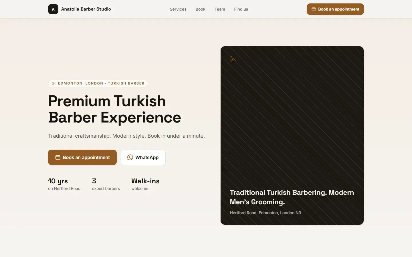 Anatolia Barber Studio demo sitesinin masaüstü görünümü