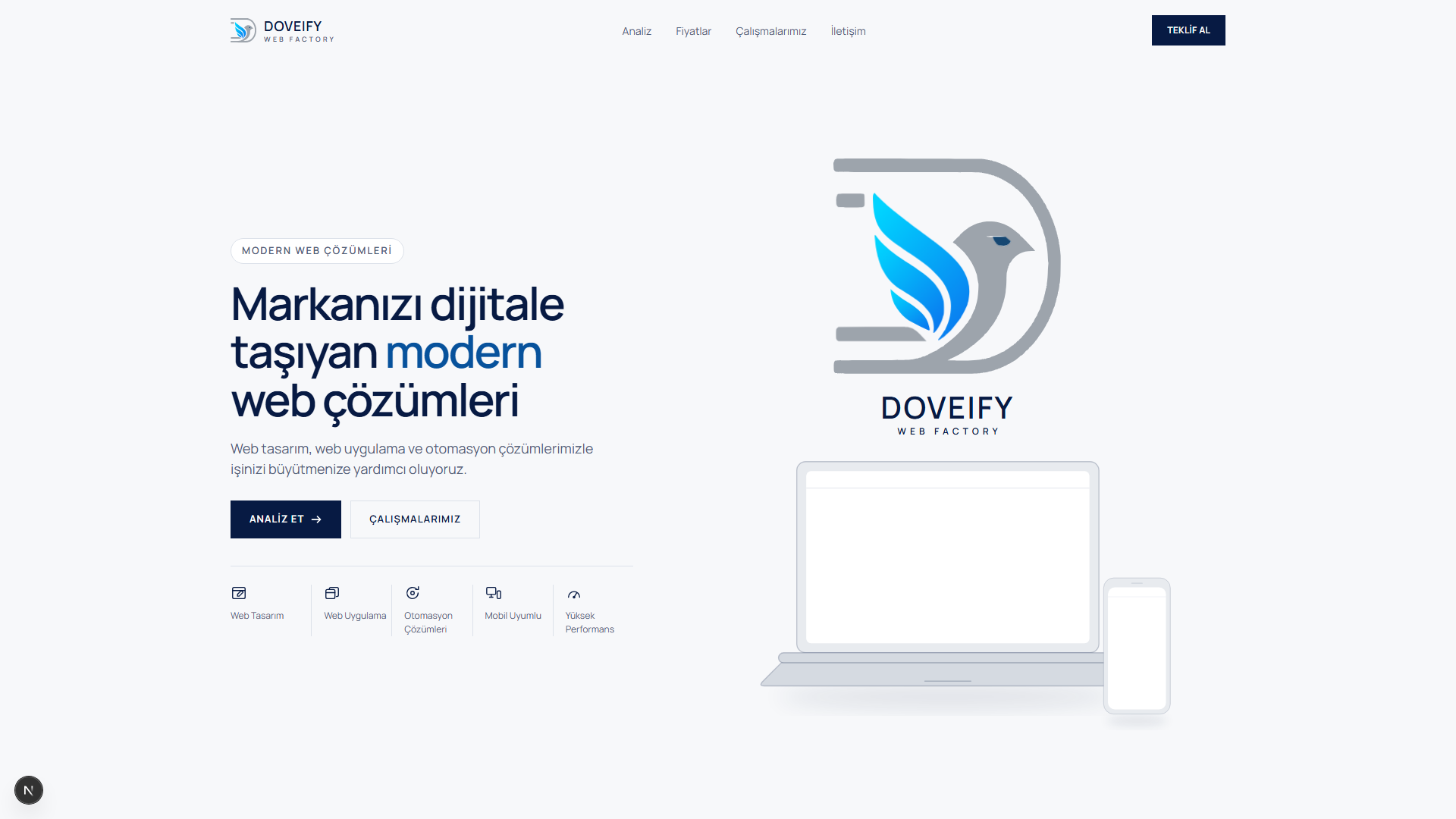 Doveify web sitesi masaüstü görünümü